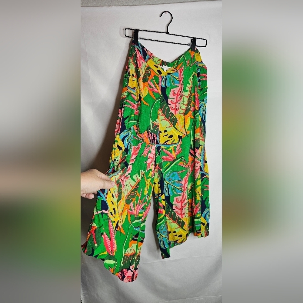 Olivaceous Floral Multicolored Elastic Waistband Tropical Wide Leg Pants. Sz M - Picture 2 of 7